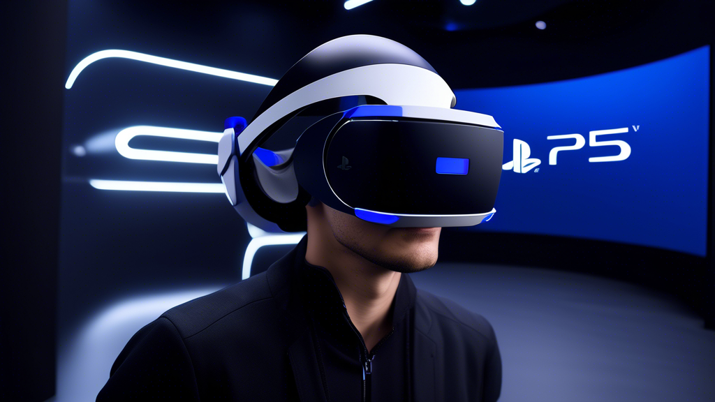 Create an image that showcases the innovative features and upgrades of the Sony PS5 VR. The image should depict the sleek, modern design of the new VR headset alongside the advanced VR controllers, highlighting their ergonomic and interactive features. Include visuals of enhanced graphics quality through a high-resolution in-game scene being viewed with the headset, and emphasize the powerful processing capabilities of the system by showcasing a futuristic, immersive gaming environment. A comparison element that contrasts the new model with previous VR models and competitor products could also be subtly included in the background.