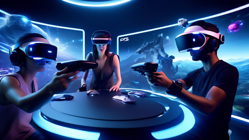 Create an image that showcases the future of gaming seen through the lens of Sony PS5 VR. Depict a futuristic virtual reality landscape where players are deeply immersed in their gaming experiences. Include elements such as advanced VR headsets, high-tech VR controllers, and holographic displays. Highlight innovative game design concepts and incorporate a diverse group of gamers interacting within this advanced VR environment. The background should reflect a blend of cutting-edge technology and imaginative, futuristic worlds symbolizing the potential and evolution of VR in the next decade.
