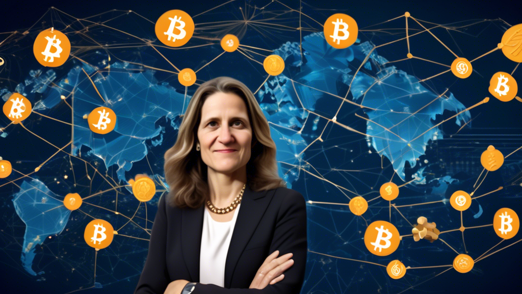 Create an image depicting a global map with Chrystia Freeland prominently positioned in the foreground. Surround her with symbols of cryptocurrency, such as Bitcoin and Ethereum logos, connecting various countries through digital lines. Contrast these symbols with regulatory icons (like gavel or shield) to visually represent the balance between regulation and innovation, illustrating the global repercussions of her cryptocurrency views.