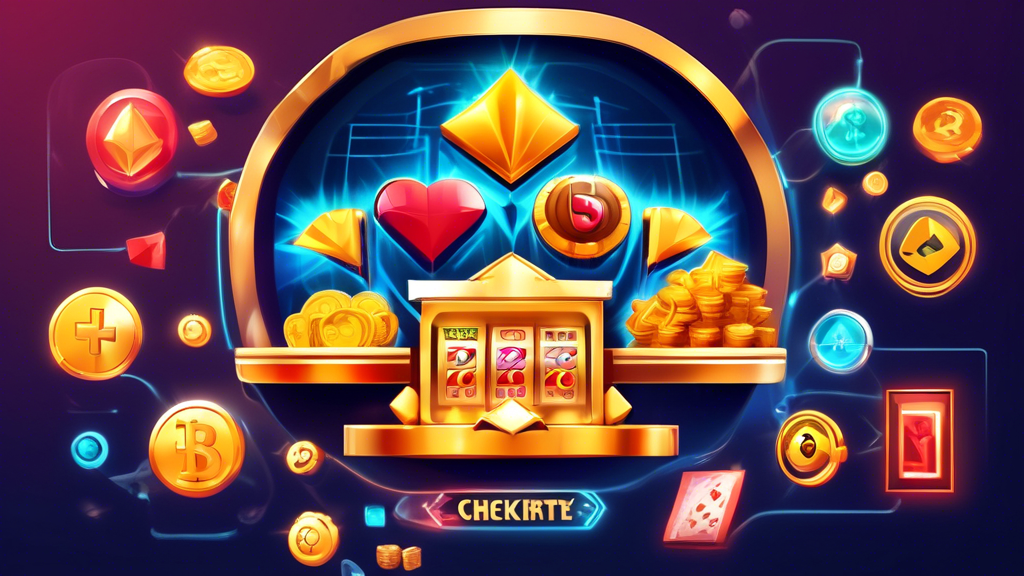 Create an image illustrating top strategies for maximizing enjoyment and wins at New Crypto Casinos. The scene should feature a modern digital setup with a crypto casino interface displayed on a computer screen. Around the interface, depict icons and elements that represent tips for choosing a reliable casino (a shield symbol with a checkmark for security, a certificate icon for licensing), managing funds (a pie chart for budgeting, a Bitcoin wallet), and community resources (speech bubbles or chat icons for forums and updates). The background should have a sleek, futuristic aesthetic with hints of blockchain elements. Make sure to subtly include symbols of popular cryptocurrencies like Bitcoin, Ethereum, and Litecoin to emphasize the theme.