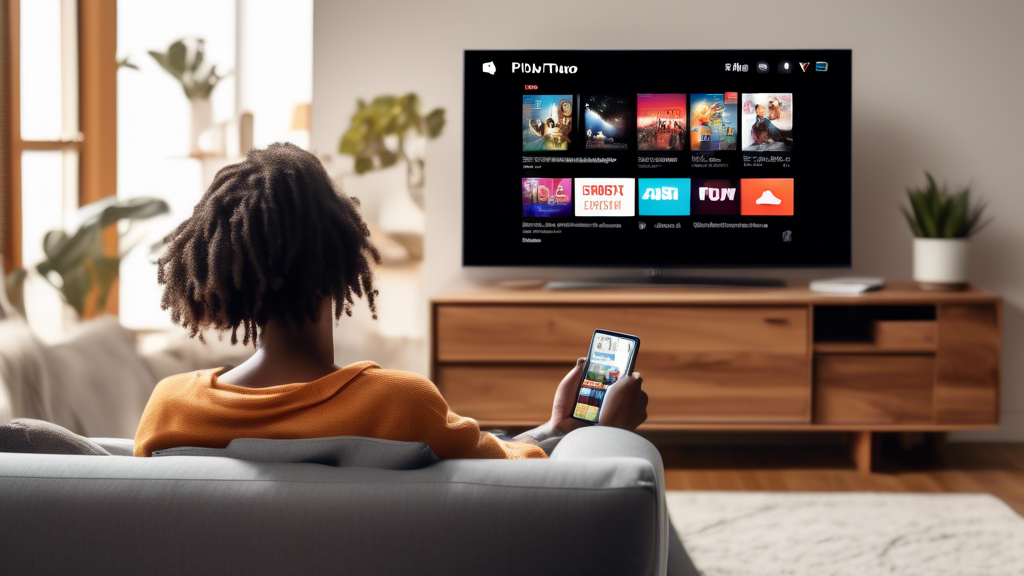 Create an image prompt for DALL-E:

Create an image showing a person comfortably sitting on a couch with a smartphone, tablet, and smart TV in view, each displaying different free TV streaming services. Highlight logos of popular free streaming apps such as Pluto TV, Tubi, and Crackle. Focus on a cozy living room setting, reflecting the ease and accessibility of watching free TV through various digital devices.