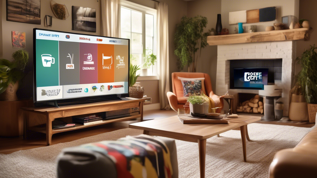 DALL-E prompt: Create an image depicting a cozy living room scene with a modern flat-screen TV showcasing a collage of logos from popular regional and national free TV channels. Highlight technical devices like an antenna and a digital converter box nearby, illustrating the setup. Add a subtle list of tips and tricks for enhancing the free TV experience displayed on a tablet on the coffee table. The overall ambiance should be inviting and informative, emphasizing the benefits of free TV.