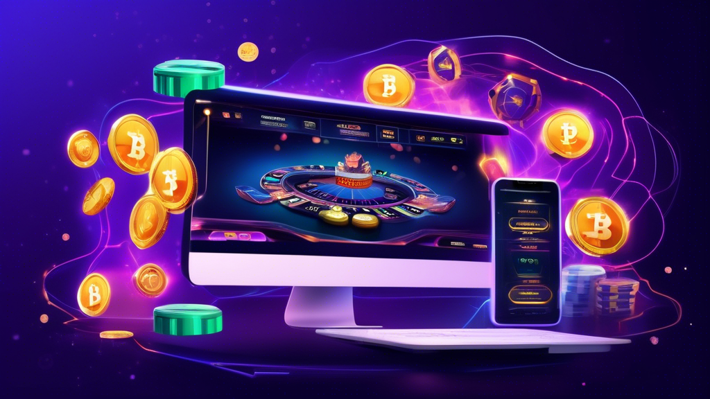 Create an image that showcases a futuristic online casino interface designed for crypto enthusiasts. The scene should emphasize a luxurious digital space with various bonus offers highlighted, such as Welcome Bonus, Free Spins, and Loyalty Program, all tailored for cryptocurrency users. Include visuals of popular cryptocurrencies like Bitcoin and Ethereum, seamlessly integrated into the design, to emphasize the crypto-friendly environment. The overall aesthetic should be sleek and modern, highlighting the innovative and rewarding experience of using cryptocurrencies at the best online casino.