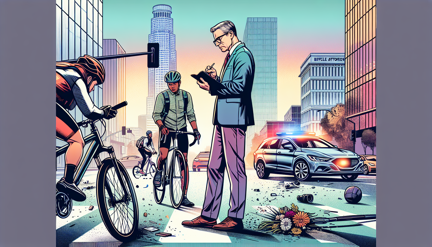 Detailed illustration of a cyclist involved in an accident on a Long Beach street, showing the cyclist taking photos of the scene, exchanging information with another party, and making notes, with the silhouette of a professional building labeled 