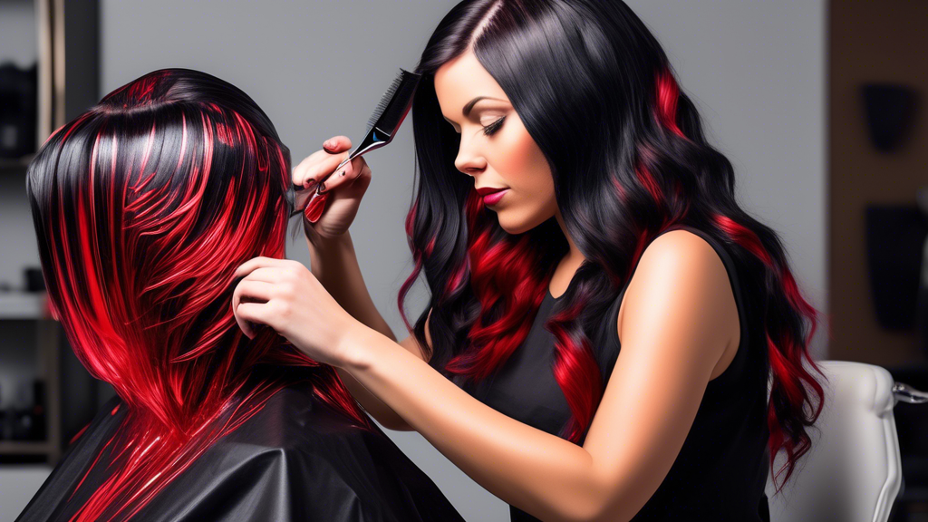 Create a detailed image showcasing various techniques of applying red foils to black hair. The illustration should include a professional hair stylist demonstrating the foiling methods in a salon, as well as a separate section showing someone attempting a DIY approach at home. Show the application processes step-by-step, highlighting tools like foil sheets, brushes, and combs. Include a side panel with maintenance tips, depicting products like shampoos and conditioners, accompanied by clear text labels. The overall image should be vibrant and instructional, focusing on the contrast between the black hair and striking red foils.