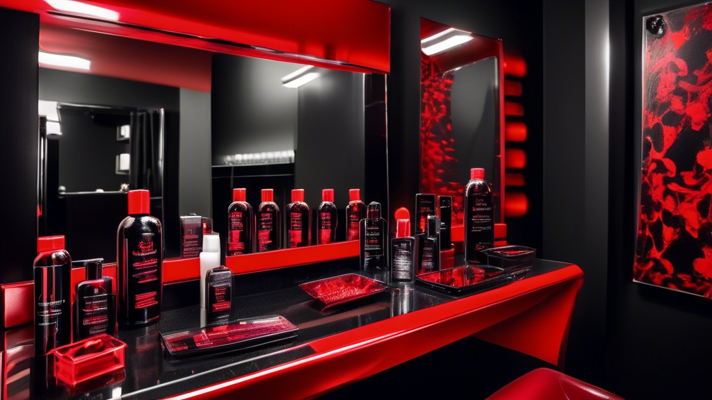 Create a vibrant and stylish scene showcasing a vanity table adorned with an array of hair care products specifically for black hair with red foils. Include high-quality shampoos and conditioners, cutting-edge styling tools like hair dryers and straighteners, and a few expert-recommended products. Ensure the setting highlights the vivid contrast and vibrancy of red foils on black hair, with a focus on elegance and professional hair care.