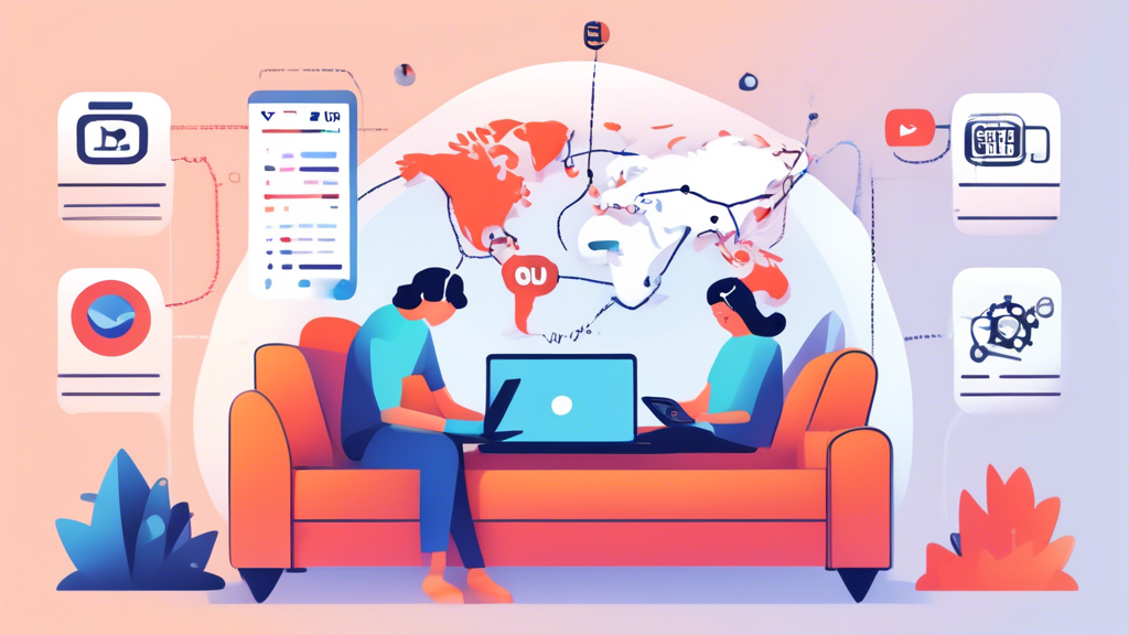 An illustration shows a person relaxing on a couch with a laptop, seamlessly streaming YouTube videos using a proxy service. The image displays various icons representing speed performance metrics, security locks, and a world map to emphasize the global access provided by the proxy. The text overlay reads 