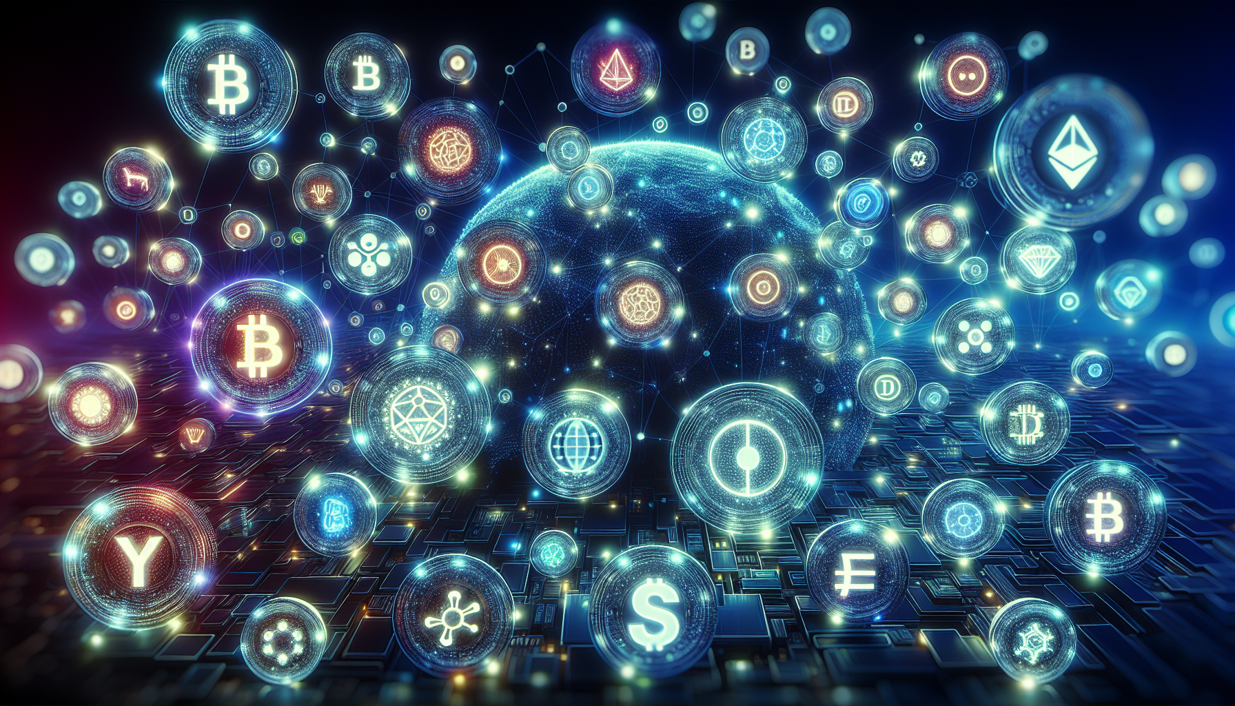 Create an image of a futuristic digital marketplace showcasing various cryptocurrencies as glowing orbs. Each orb displays an icon representing different cryptocurrencies, with accompanying labels for market capitalization and liquidity. Highlight one or two orbs with bright lights and technological elements, illustrating advancements and dynamic use cases. Surround the scene with elements that reflect a strong community, like connected lines or holographic people collaborating. The background should emphasize a modern, stable digital environment, hinting at the best cryptocurrency choices for 2023.