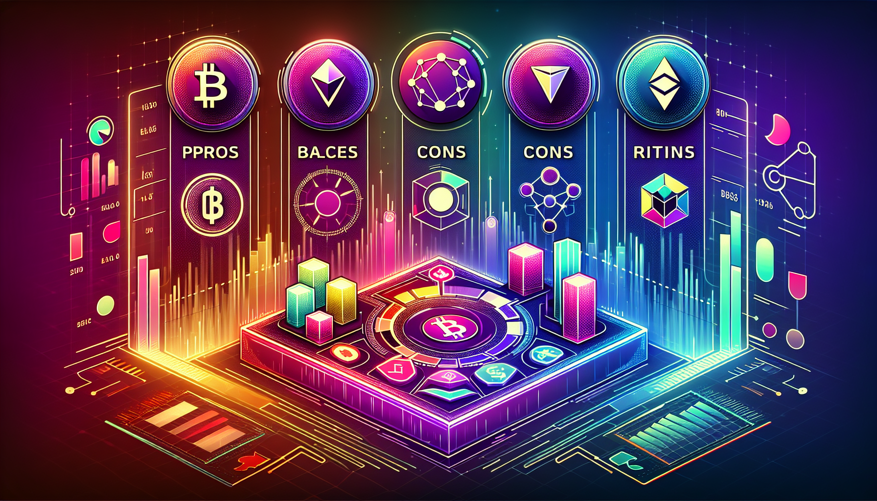 DALL-E Image Prompt: Create an image showcasing a selection of top cryptocurrencies for 2023, recommended by experts. Include icons for popular cryptocurrencies such as Bitcoin, Ethereum, and Binance Coin, displayed on a futuristic digital dashboard. Each cryptocurrency should have a summary of its pros and cons beside it, along with future projection graphs indicating potential ROI. The background should depict a high-tech and secure financial environment, emphasizing innovation and growth in the cryptocurrency market.