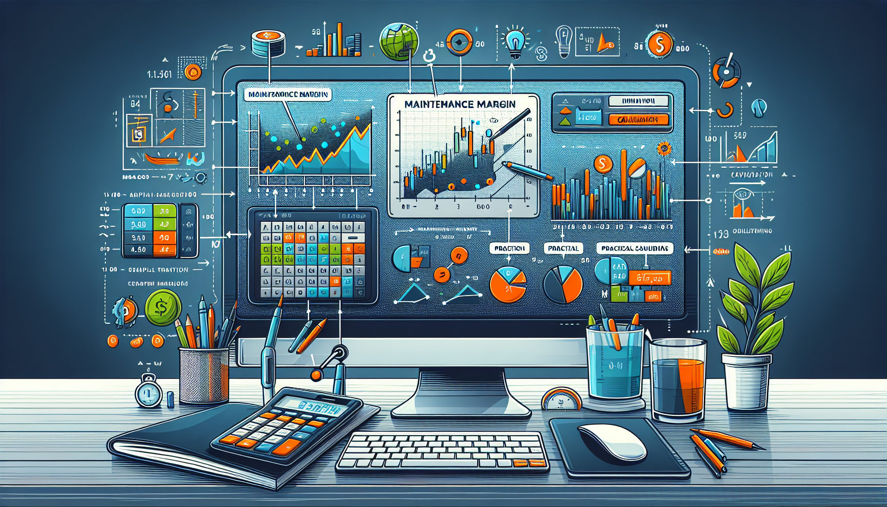 Create an image that demonstrates the concept of calculating IBKR Maintenance Margin. Include visual elements such as a computer screen displaying a trading platform, a calculator, and charts or graphs showing key factors that impact maintenance margin. Make sure to include step-by-step notes or annotations that guide the viewer through the calculation process. Illustrate practical examples with simple financial scenarios to make the calculation clear and understandable. Use clean, modern design elements to keep the image professional and engaging.