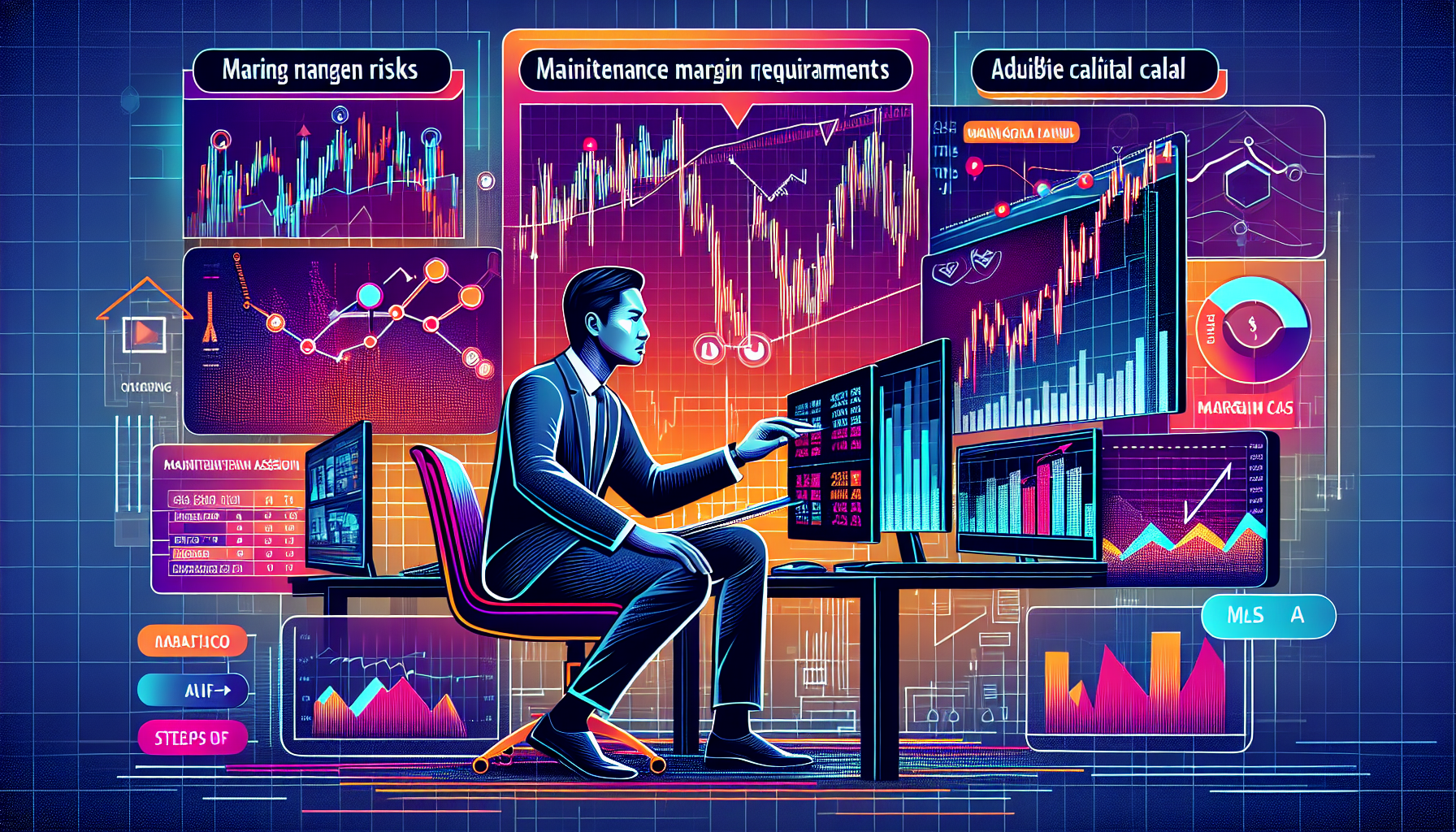 A detailed illustration of a trader managing risks and compliance with IBKR maintenance margin requirements. The trader is depicted analyzing charts and financial data on multiple monitors in a sophisticated trading setup. Include elements like margin call alerts and action steps written on a whiteboard or digital planner. Highlight the trader employing risk management strategies by diversifying their assets and maintaining sufficient collateral to meet the margin requirements. The scene should exude a sense of diligence, organization, and strategic planning.