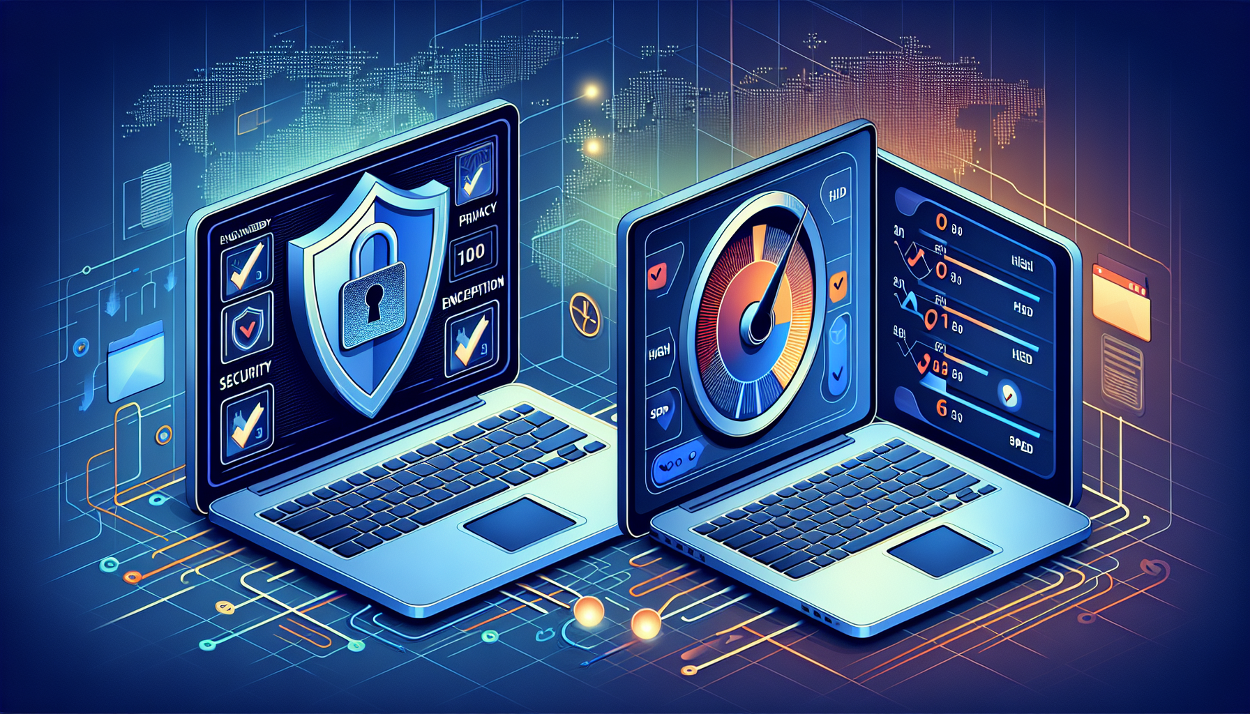 A detailed illustration showing two laptop screens side-by-side. The first laptop screen displays a security shield icon and a lock symbol, representing data encryption and privacy policies, with check marks indicating high security standards. The second laptop screen shows a speedometer with an arrow pointing to 