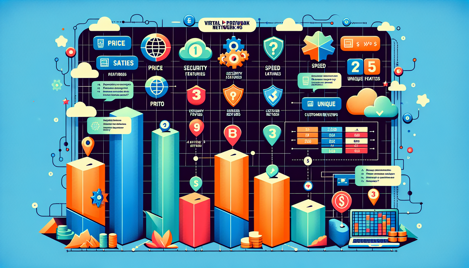 Create a detailed comparative chart showcasing features and benefits of the top VPN services such as ExpressVPN, NordVPN, and CyberGhost. The chart should include categories like price, security features, speed, server locations, customer reviews, and unique features. The background of the chart should have subtle digital and tech elements to enhance the theme without being distracting.