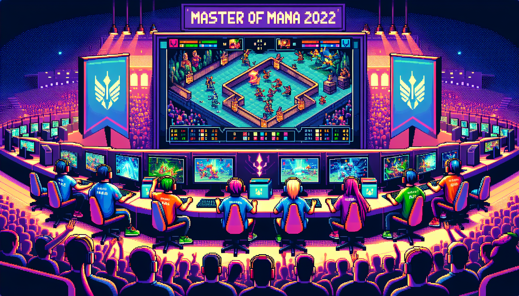 Create an image showcasing the highlights and key moments of the Dota 2 International 2022. Depict dynamic scenes from the most exciting matches, featuring key teams and standout players in action. Include visual elements representing major upsets and unexpected outcomes, like shocked crowd reactions. Use a dramatic and vibrant color palette to capture the intensity and excitement of the tournament. Keywords: Dota 2 International 2022, eSports, action-packed moments, key teams, standout players, unexpected outcomes, exciting matches.