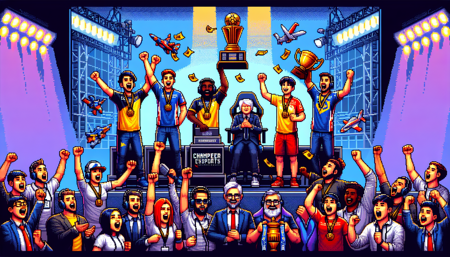 Create an image illustrating the aftermath of the Dota 2 International 2022 tournament. Show teams celebrating with their prize money, showcasing the influence of the tournament on the Dota 2 meta with visuals of strategic gameplay elements, and include a backdrop of an excited and emotional fan community reflecting their reactions and lasting impressions from the event. Use high detail and a vibrant color palette to capture the epic nature and significance of the tournament.