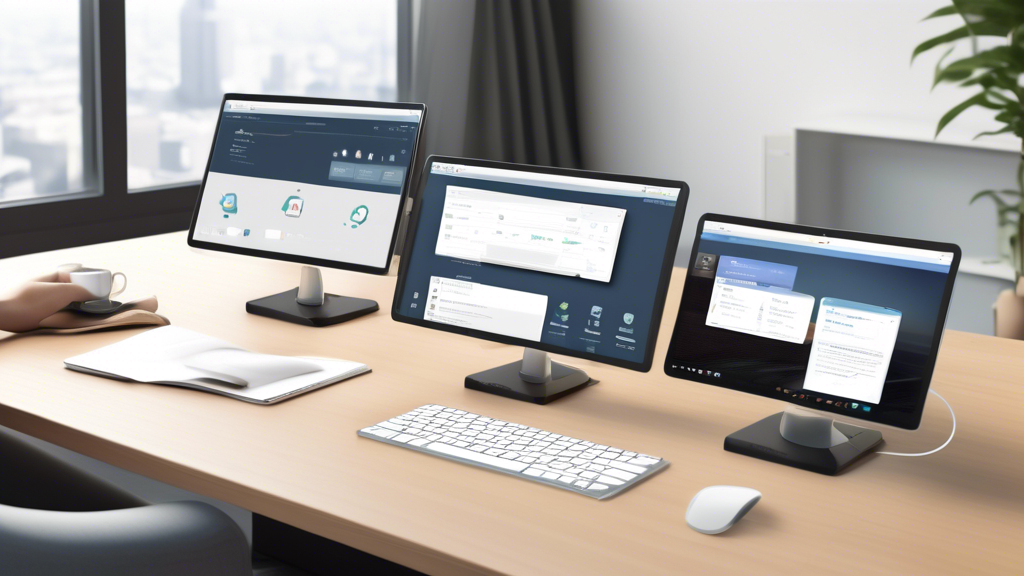 /Imagine prompt: A modern workspace with a sleek desk setup showing multiple devices including a laptop, tablet, and smartphone all synchronized with pCloud. The pCloud interface is visible on each device, highlighting the user-friendly design. In the background, a professional and a personal user are seamlessly sharing files, showcasing the flexibility and simplicity of pCloud for both personal and business use. Keywords like 