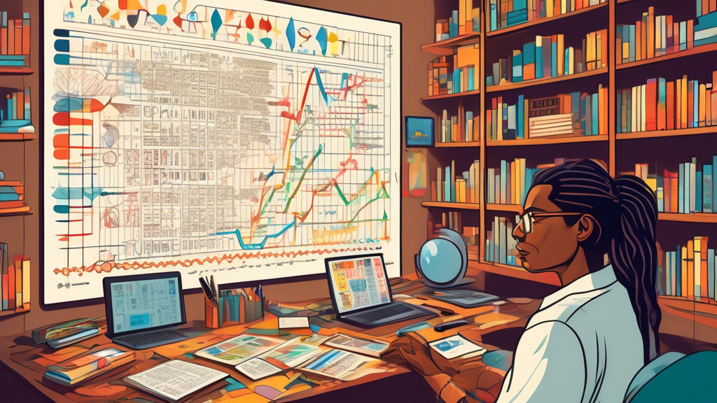 Create a DALL-E prompt to generate an image:

An academic researcher analyzing colorful line graphs and word frequency charts overlayed with historical timelines and cultural symbols, representing trends and patterns in language evolution. The background should include a library setting filled with bookshelves and a computer displaying the Google Ngram Viewer interface.