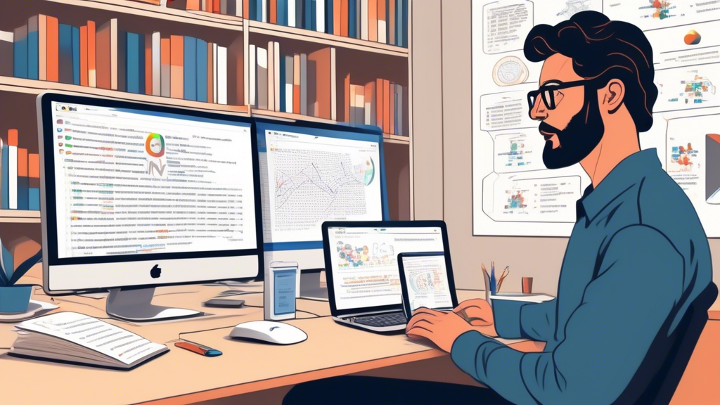 Prompt: An educational illustration of a researcher using Google Ngram on a computer, with visual tips and best practices displayed around the screen. The scene includes effective query formulations, a visual representation of Ngram data with graphs, and icons or annotations indicating common pitfalls to avoid. In the background, there is a bookshelf with academic and professional books, suggesting the application of Google Ngram in serious projects.