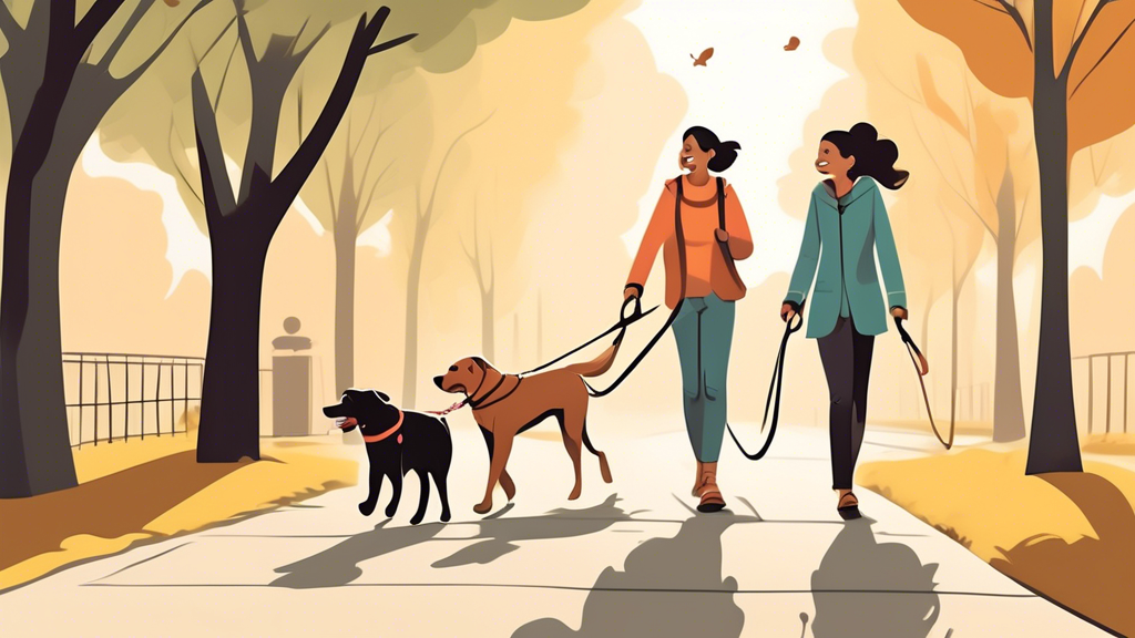 Create an illustration that showcases the convenience and efficiency of using a two dog leash on a walk. The scene should depict a smiling dog owner effortlessly walking two dogs using a single, compact two dog leash. Both dogs look happy and well-behaved, enjoying their stroll side by side. The leash should appear streamlined and easy to handle, emphasizing its user-friendly design. The backdrop could be a pleasant park or a tree-lined suburban street, highlighting the serene and efficient nature of their walk.