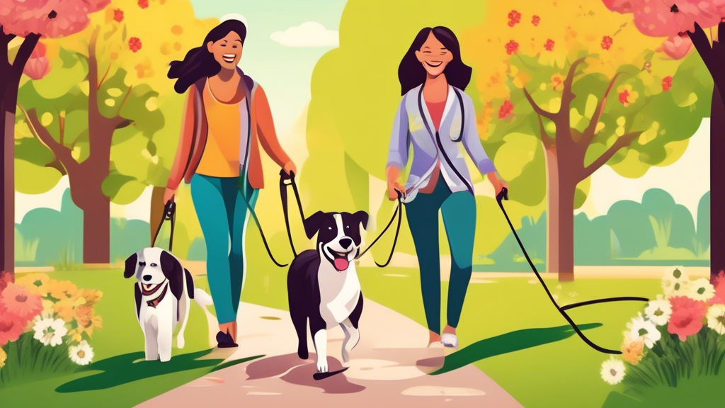 Create an image of a dog owner walking two dogs with a two dog leash. The scene is set in a picturesque park with vibrant green grass and blooming flowers in the background. The two dogs are different breeds and sizes, happily walking side by side, showing friendly interaction and positive behavior. The owner has a smile on their face, clearly enjoying the walk and the bond with their pets. The image captures the essence of harmony, socialization, and bonding between the dogs and their owner, with an underlying sense of discipline and coordination.