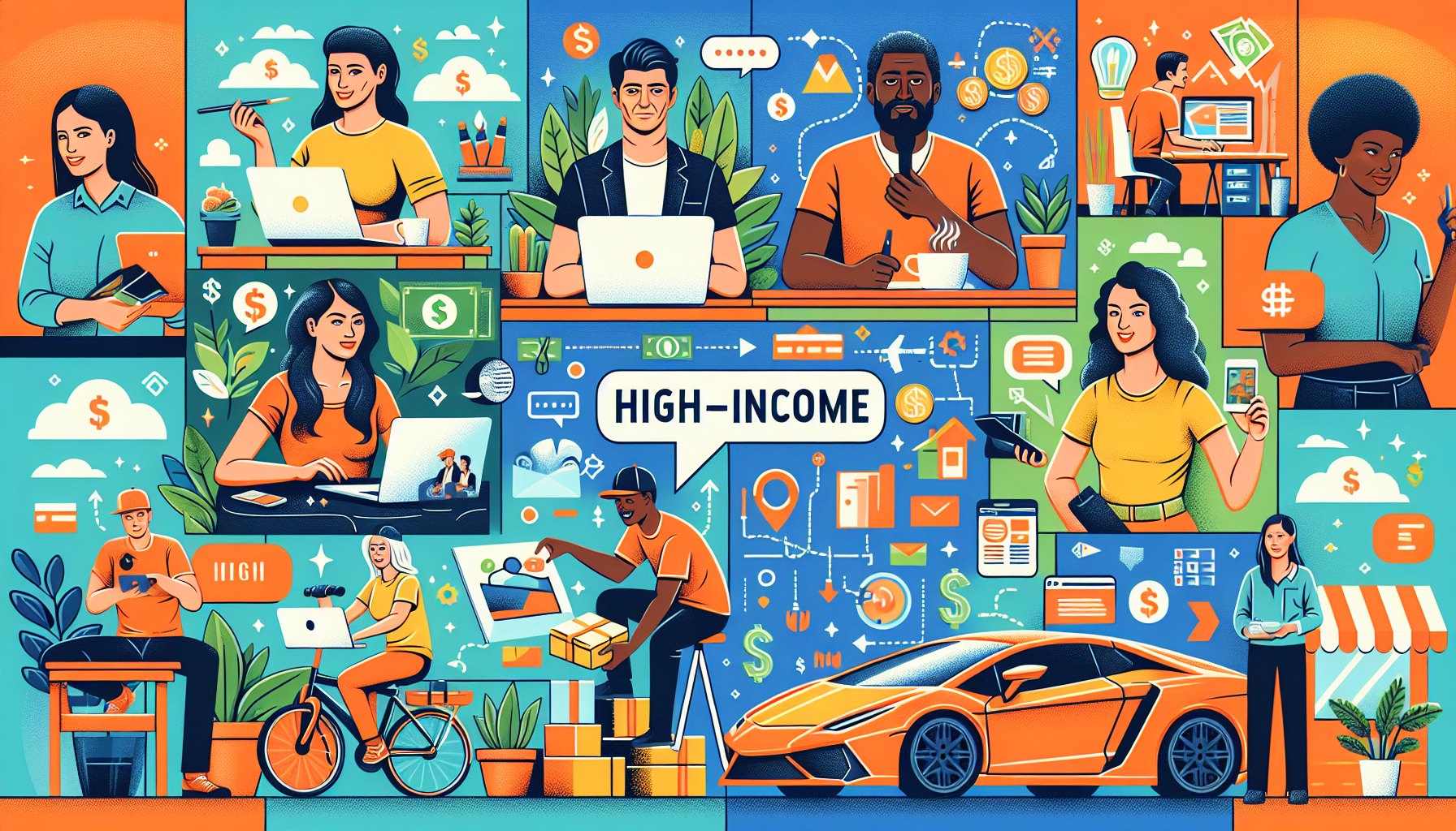 Create an illustration showcasing *Top High-Income Side Hustles You Can Start Today*. The image should feature icons or characters depicting various side hustles like freelancing (a person writing on a laptop, another designing graphics on a tablet, and a web developer coding), gig economy jobs (a rideshare driver with a happy passenger, a food delivery cyclist handing over a meal), and online business ventures (someone managing an e-commerce website, another arranging dropshipping packages). Include success stories with small speech bubbles showing testimonials like I tripled my income through freelancing! and My dropshipping store made $10k in the first month! The background can show interconnected pathways with dollar signs suggesting potential income growth.