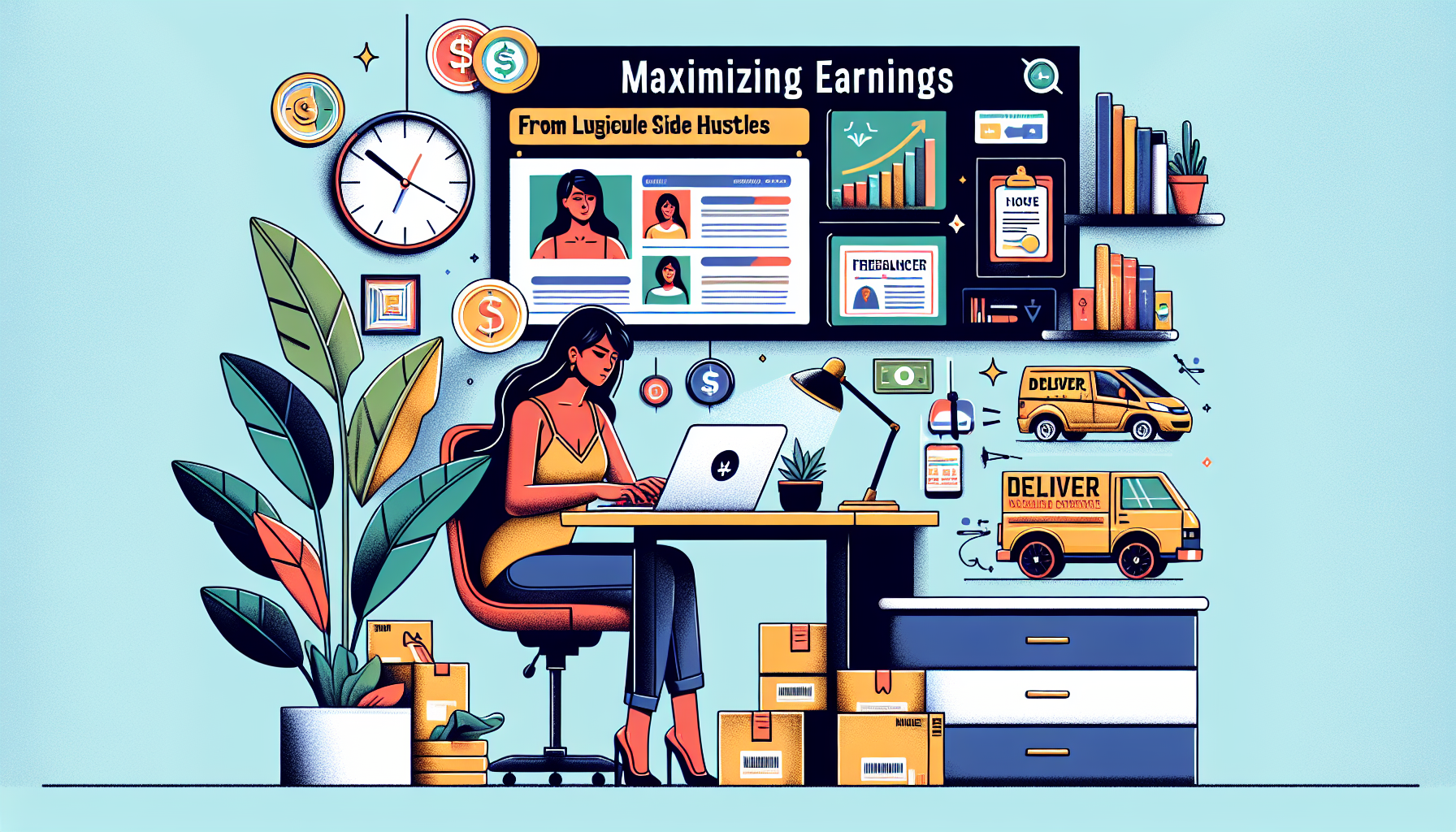 Create an image that illustrates the theme of Maximizing Earnings from Lucrative Side Hustles. The scene shows a person in a home office setting managing multiple side hustles efficiently. They are at a desk with a laptop displaying a freelancer platform, surrounded by items that represent different side hustles, such as a graphic tablet, a delivery vehicle model, and packages for an e-commerce business. The background includes a wall calendar and clock symbolizing effective time management, and a shelf full of books and certificates depicting continual learning and upskilling. There could also be a smartphone with notifications from various gig economy apps to show real-time income optimization.
