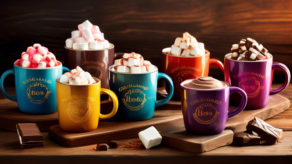 A colorful display of the top ten hot chocolate gift sets, neatly arranged on a rustic wooden table. Each set features unique additions like gourmet marshmallows, special mugs, and luxury chocolate shavings, tailored for different chocoholic preferences. The background subtly blurs into a cozy, warmly-lit room, enhancing the inviting and snug ambiance.