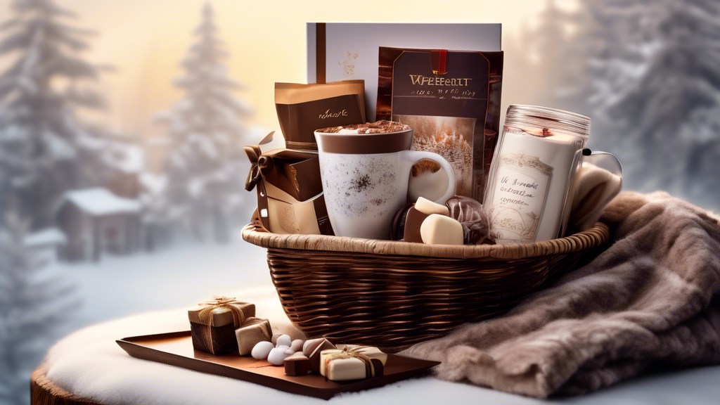 An artistic image depicting a meticulously arranged gift basket focused on the theme of making hot chocolate, inclusive of a luxury hot chocolate mix, a plush, cozy blanket, and a stack of books. The basket is adorned with elegant, custom wrapping and a handwritten note peeking out, all set against a softly blurred winter backdrop, evoking warmth and comfort.