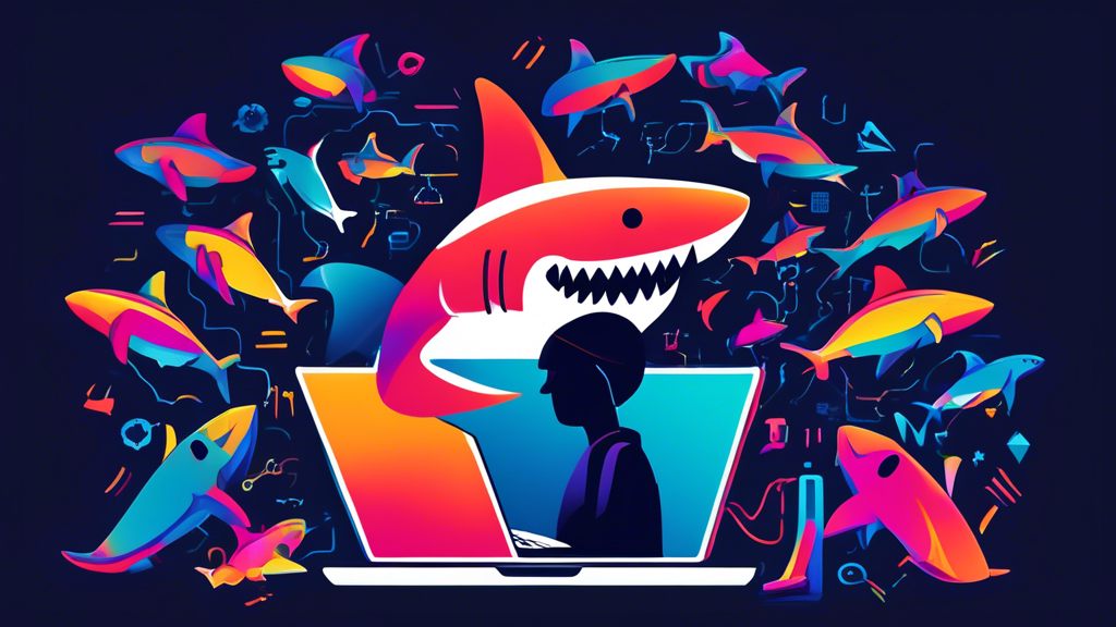 **Prompt for DALL-E:**

Create an image that depicts the concept of Schutz Ihrer Privatsphäre mit Shark VPN. The image should feature a person using a laptop, surrounded by various colorful, flowing shapes representing encrypted data. Above the laptop, a protective shield with the logo of Shark VPN should be prominently displayed. The background should include icons of websites and third-party trackers bouncing off the shield, signifying protection from tracking. The overall aesthetic should convey a sense of security, privacy, and anonymous browsing.