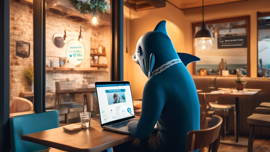 Create an image that captures the essence of the following: A person using a laptop in a cozy café while securely connected to public Wi-Fi through Shark VPN. The image highlights the Shark VPN interface on the laptop screen, showing a secured connection. Include visual elements that suggest faster internet speeds and unrestricted access to global content, such as international news websites and streaming services, indicated by their recognizable logos.