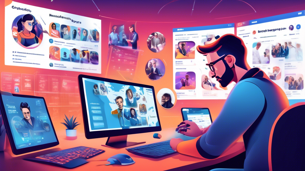Create an image showcasing an esports manager overseeing various aspects of their role. In the foreground, depict the manager coordinating with the team on a computer screen displaying a recruitment and practice schedule. In the background, illustrate scenes of the manager managing travel plans with a calendar, reviewing contracts, and engaging with sponsors. Add elements of social media and brand building on screens or posters around the room. Emphasize a dynamic and organized atmosphere with esports-themed decor. The style should be modern and professional, with a focus on the multitasking nature of the esports manager