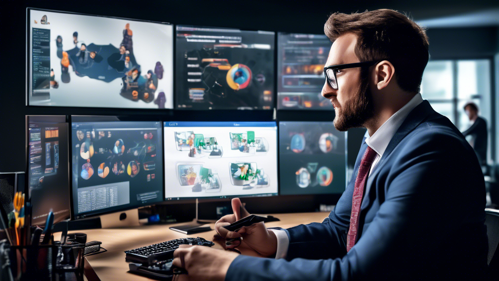 Create an image depicting an esports manager in a modern office setting, showcasing key skills. The manager is seen engaging in a team meeting on one screen involving leadership and communication, analyzing competitive strategies on another screen for strategic thinking, and reviewing financial reports for business acumen. Include elements like gaming paraphernalia, books on business, and a whiteboard with charts to symbolize multitasking and strategic planning.