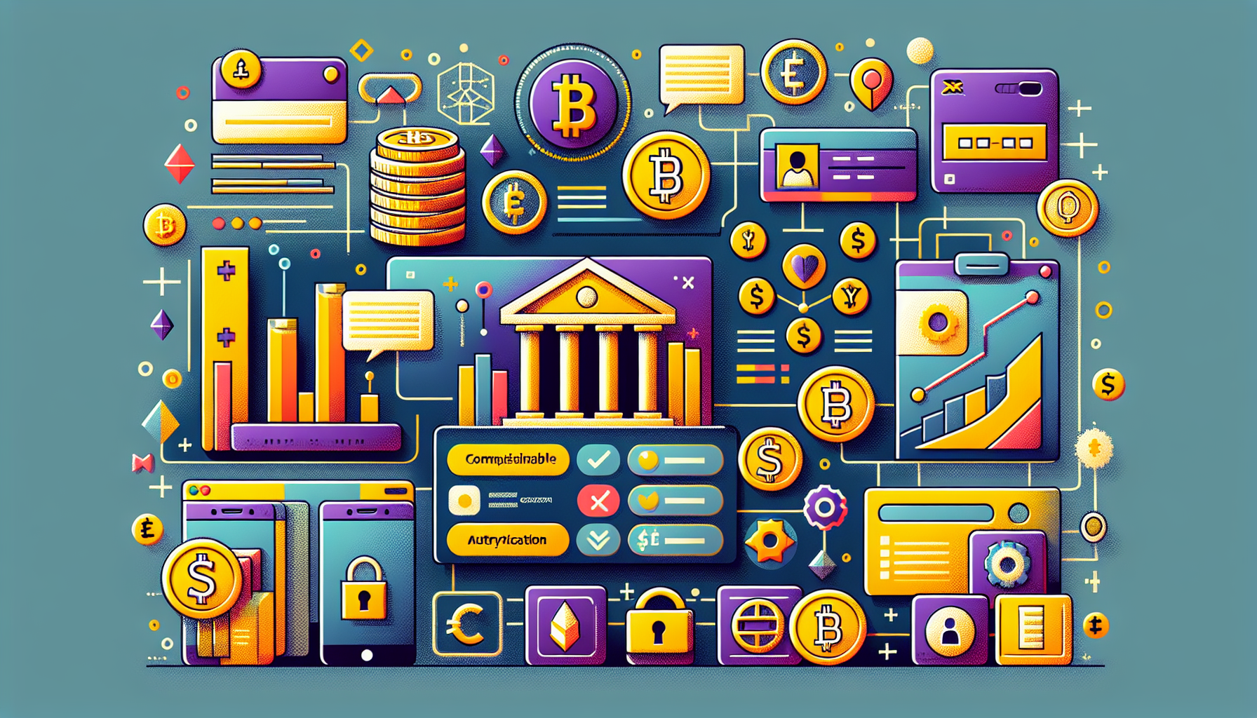 A detailed digital illustration of the Coinbase exchange platform interface, highlighting key features such as the variety of supported cryptocurrencies, user-friendly design, and robust security measures like two-factor authentication and encryption.