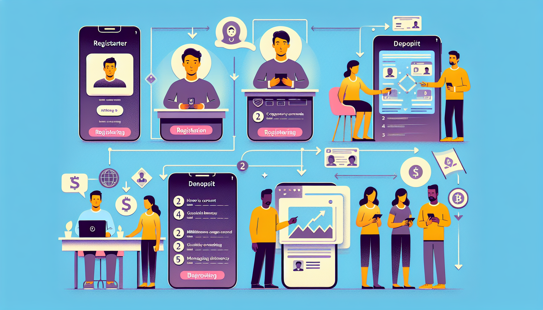 Create an image that illustrates a step-by-step guide for beginners on how to start using Coinbase exchange. The visual should include the following elements: a user registering an account on their computer or smartphone, verifying their identity with an ID, depositing funds from a bank account, navigating the user interface for trading, and managing their cryptocurrency portfolio. The style should be clean, modern, and user-friendly, reflecting the professional branding of Coinbase.
