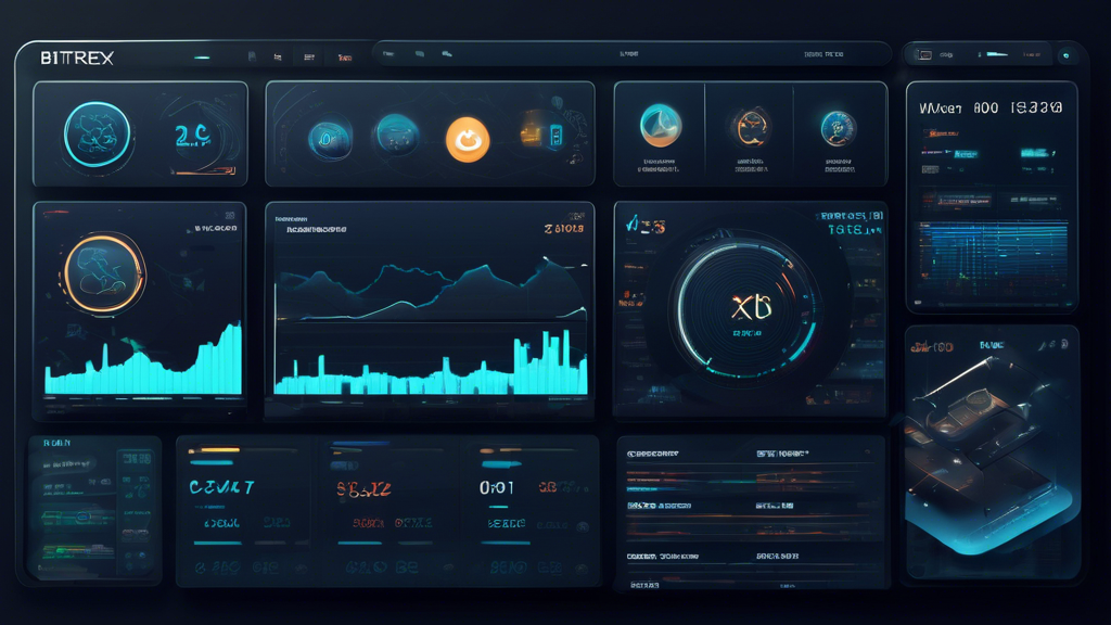 Create a highly detailed and futuristic digital illustration of a user interface from a cryptocurrency trading platform. Showcase the dashboard of Bittrex, including elements like real-time charts, market indicators, trading pairs, and user balances. The scene should feature a high-tech, modern design with clear numerical data, graphs, and digital assets icons. Highlight a user about to place their first trade, with a popup or tooltip guiding them through the process, ensuring the scene captures the essence of navigating a complex yet user-friendly trading interface. Include subtle hints of futuristic technology to emphasize the cutting-edge nature of cryptocurrency trading.