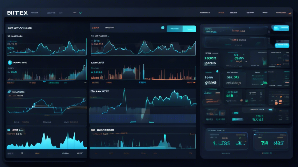 Create an image that illustrates advanced trading strategies and financial insights on Bittrex. The image should feature a dynamic, professional trading interface with charts, indicators, and order options prominently displayed. Include elements like limit and stop order panels, API integration options, and risk management tools, such as stop-loss settings. The overall aesthetic should be sleek and modern, conveying the sophistication and complexity of advanced trading on Bittrex.