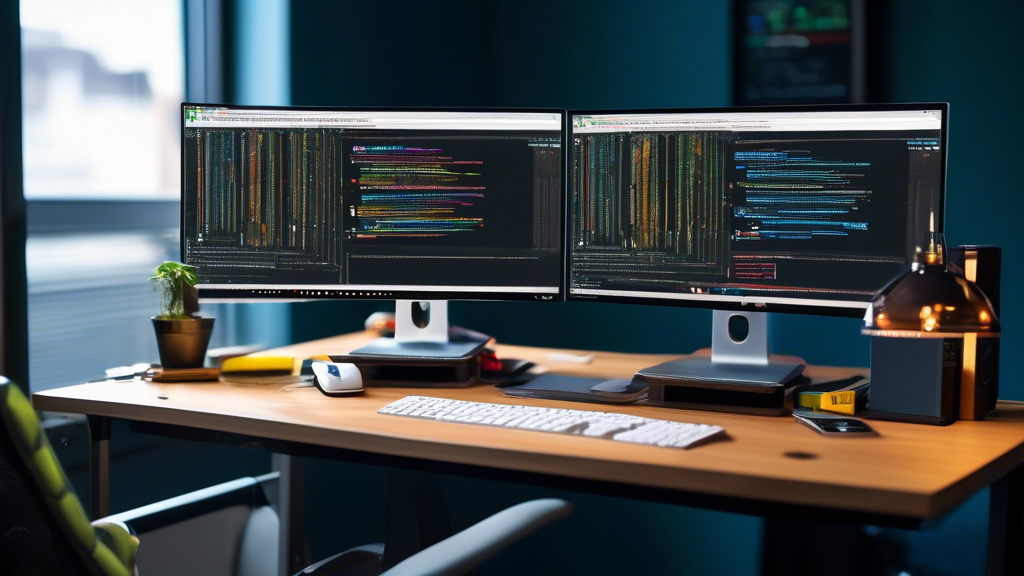 Create an image that depicts a vibrant, modern workspace with a dual-monitor computer setup. On one screen, have a Python Integrated Development Environment (IDE) open, showcasing code related to ethical hacking. On the other screen, display a browser with the URL 