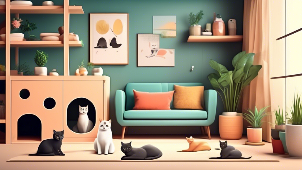 Create an image of a serene and organized cat-friendly environment, showcasing elements like strategically placed litter boxes, toys, and scratching posts. The setting should exude a sense of calmness and cleanliness, reflecting a well-maintained space suitable for a content and stress-free cat.