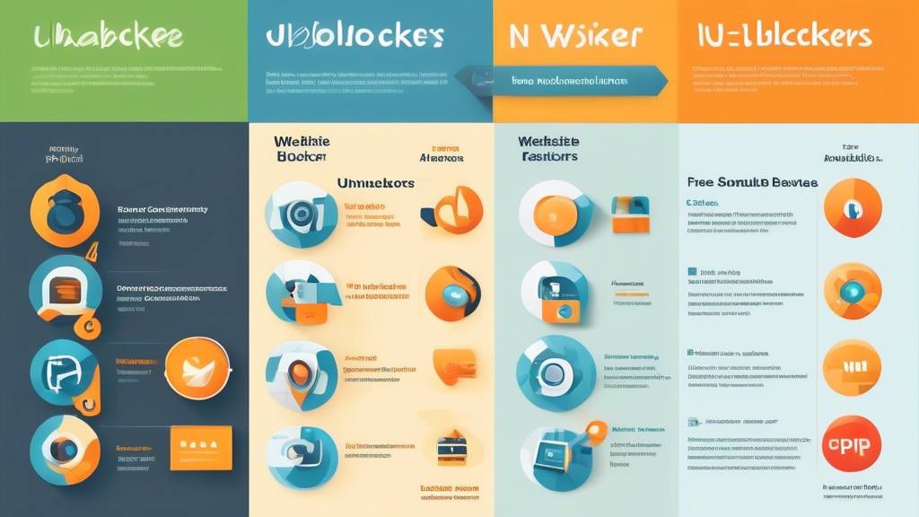 Create an infographic-style image featuring a detailed comparison of leading free website unblockers available online. Highlight each tool’s key features such as privacy, speed, ease of use, and cross-platform compatibility. The design should include a pros and cons section for each unblocker based on user reviews and expert recommendations. Use visually appealing icons, charts, and contrasting colors to make the information easily digestible. Keywords like 