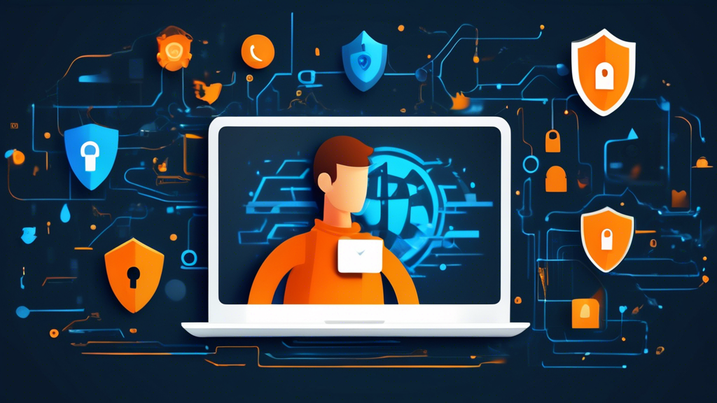 Create an image that visually represents the idea of internet privacy and security while using free website unblockers responsibly. The illustration should include imagery of a person using a laptop or mobile device with a padlock and shield icon symbolizing security and protection. The background can hint at abstract digital elements such as binary codes, secure connections, and checkmarks to showcase reliability. Additionally, include subtle reminders of legal caution, like a small gavel or legal document icon in the corner. The overall theme should emphasize the balance between accessing content and safeguarding online activities.