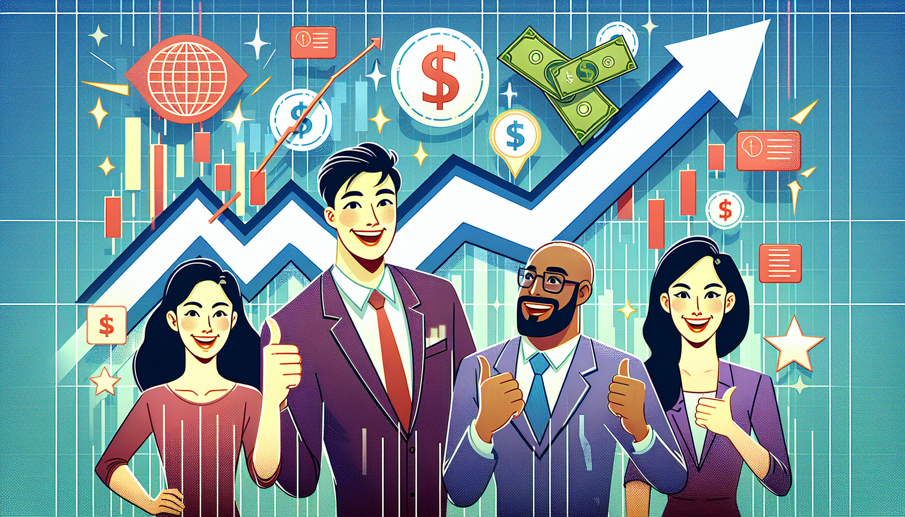 Create an image showing an upward-trending stock chart with various investment icons like dollar signs and stock certificates. Around the chart, depict a diverse group of people looking confident and excited, symbolizing enhanced investment opportunities and potential for higher returns. Include subtle Wealthsimple branding in the background for context.
