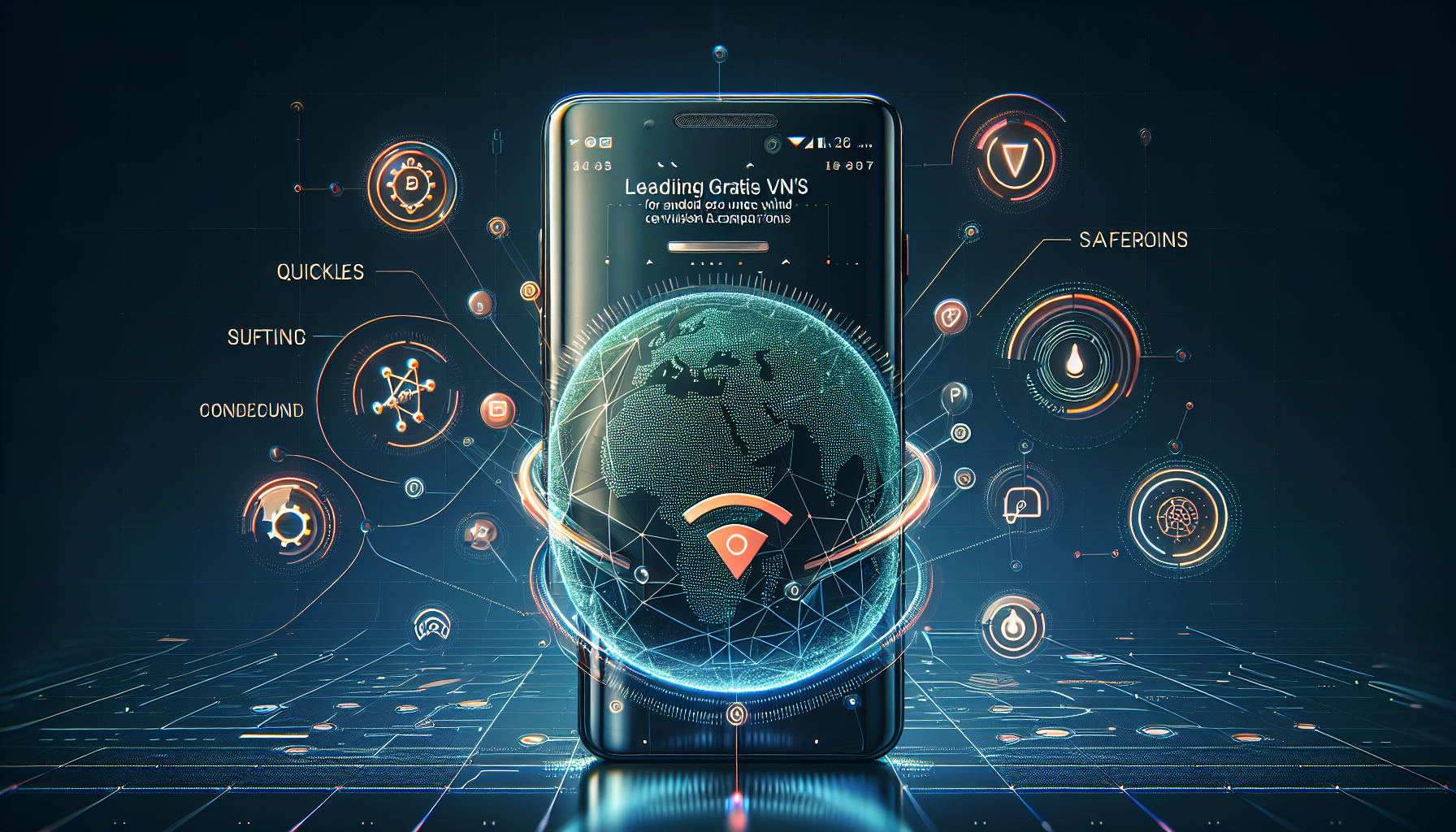 Create an image that shows a sleek, modern Android smartphone surrounded by icons representing top free VPN services of 2023, such as ProtonVPN, Windscribe, and others. The icons should be connected with dotted lines to the smartphone screen, which displays a world map with secure connection lines to different countries. The background should be a futuristic, tech-inspired design, with highlights and glows to emphasize speed, security, and ease of use. Include a subtle text overlay at the top that reads: Best Free VPNs for Android 2023: Detailed Reviews and Comparisons.