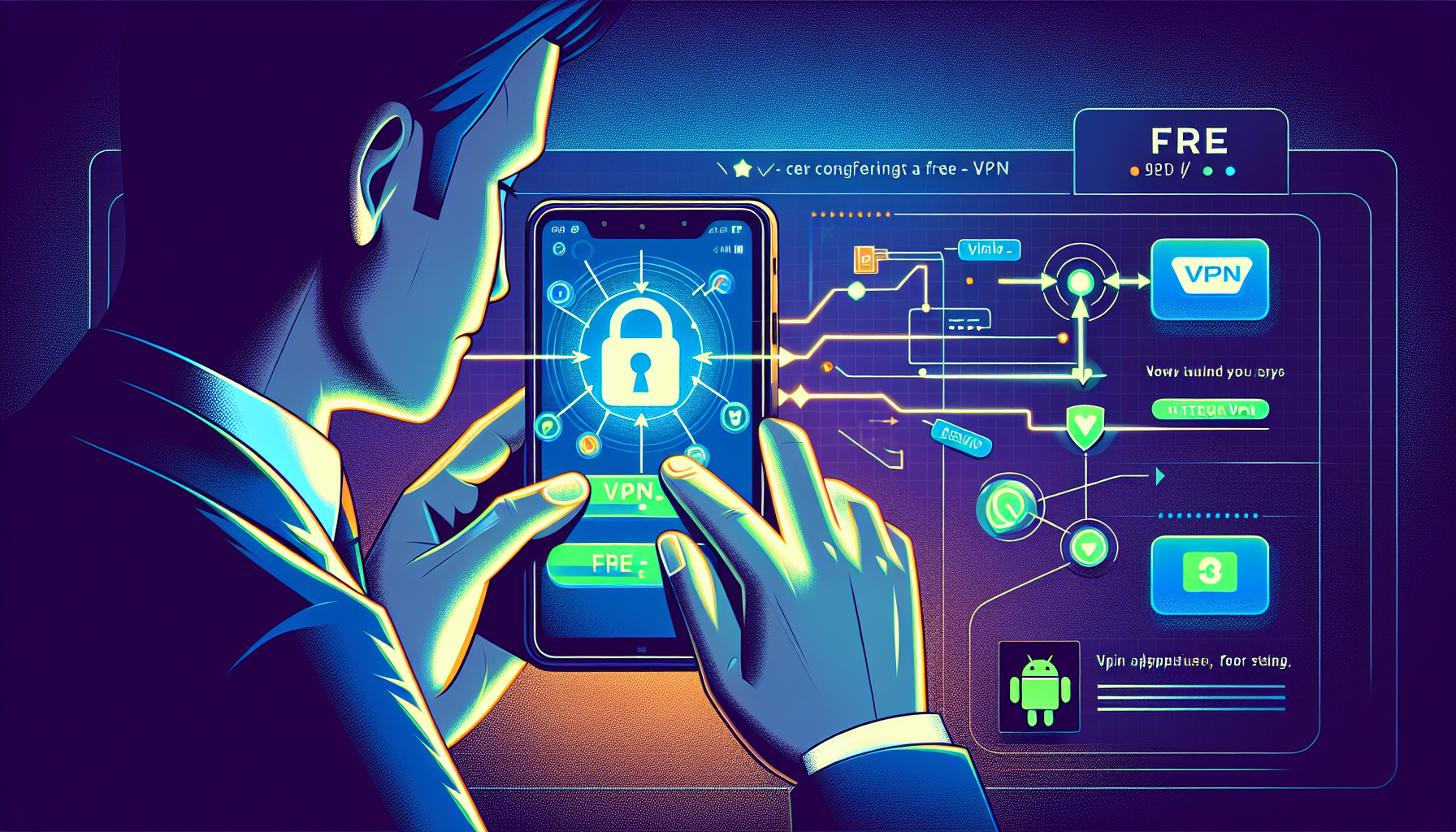 Create an instructional image showing a person installing and configuring a VPN on their Android device. The Android screen should display a step-by-step guide for setting up a free VPN application. Include visual cues like arrows and highlighted buttons to emphasize key steps. The person should appear focused and engaged, with a clean and modern interface on the Android device that clearly indicates the process of downloading and configuring the VPN. Background elements should subtly suggest technology and security.
