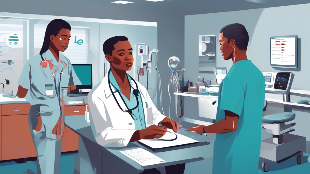Prompt for DALL-E:An illustration depicting a commercial driver undergoing a DOT physical examination. The scene includes a doctor examining the driver with a stethoscope, a chart of medical records, a vision test being performed, and a blood pressure monitor. The setting is a clean, professional medical office. Various healthcare tools and equipment are visible, emphasizing the thorough and structured process of the exam.