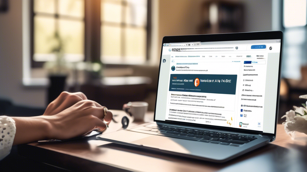 An image depicting a person using a laptop, with a detailed web browser screen showing searches and listings for 