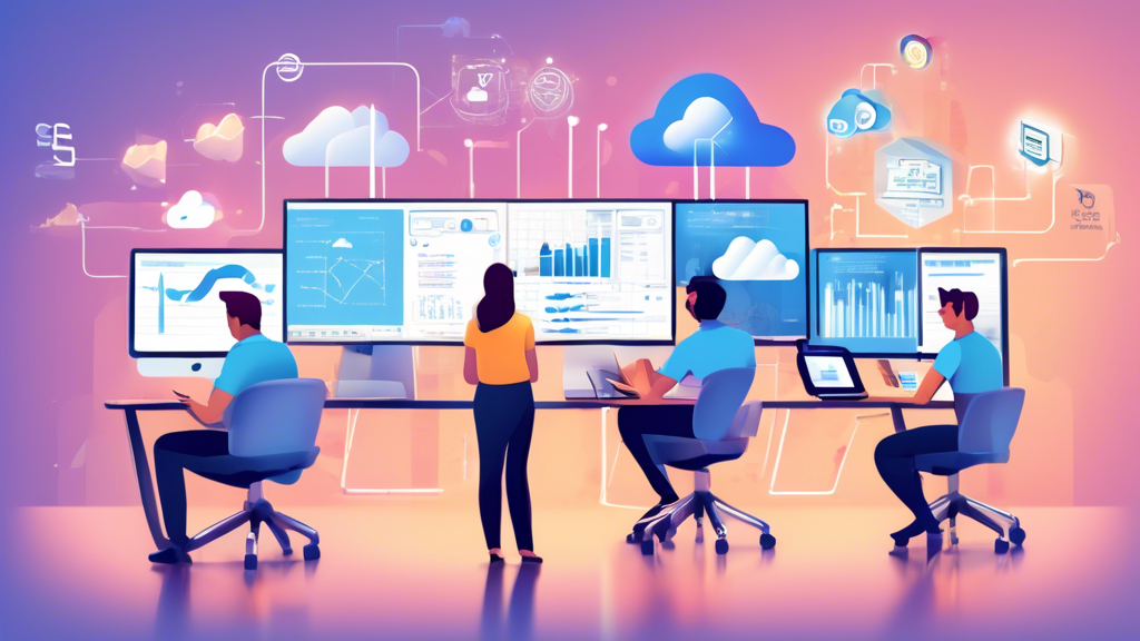 Create an image of a modern corporate office with a busy team of IT professionals working on multiple devices. Highlight screens showing dynamic dashboards and graphs reflecting data management efficiency. Depict Google Cloud Server icons subtly integrated into the scene. Show a cloud-themed background with arrows representing scalability and flexibility. Add elements representing cost-efficiency, such as a graph showing downward costs and upward performance, and badges/stamps indicating best practices and success stories. Ensure the visual emphasizes an optimized and efficient data management environment.