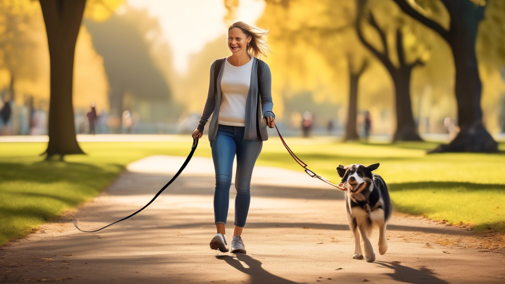 Create a DALL-E image of a smiling person walking a happy dog using a hands-free dog lead in a scenic park. The person looks relaxed as they enjoy a hands-free walk, showcasing the ergonomic advantages. The image should illustrate the even distribution of weight and the lack of strain on both the walker and the dog, emphasizing their mutual comfort. Additionally, include a few speech bubbles with testimonials or positive reviews from other dog owners praising the hands-free lead.