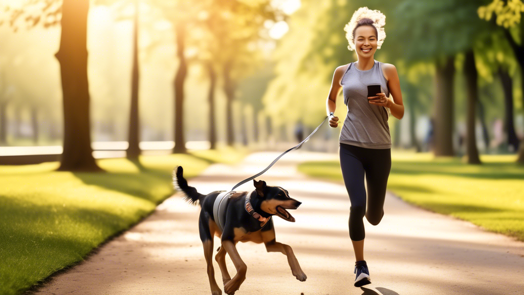 Create an image that shows a person jogging in a park while using a hands-free dog lead attached to their waist, their dog happily trotting alongside them. The person is also holding a smartphone and a water bottle, showcasing the ease of multitasking. The background should include other joggers and dog walkers to depict a lively, active environment. Include elements like trees, grass, and a clear sky to emphasize the outdoor setting.

Photo-realistic.