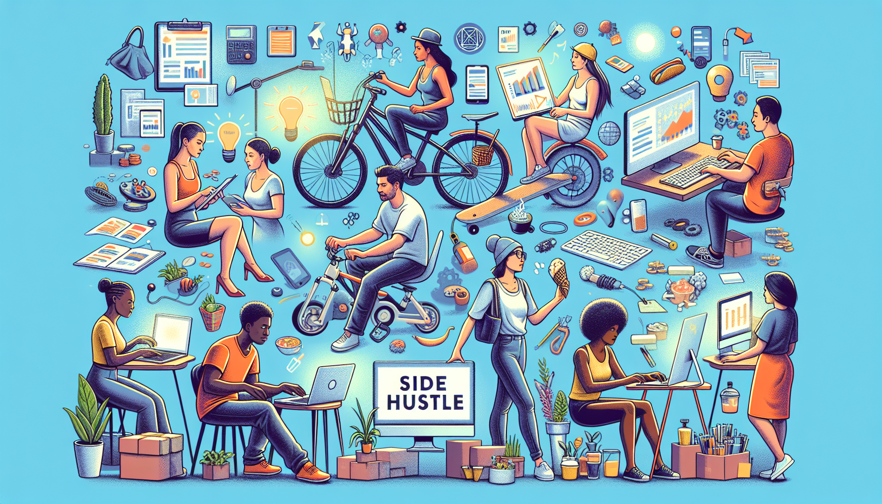 Create a vibrant, dynamic illustration showcasing various popular and profitable top side hustles in 2023. The scene should depict a collage of activities, including freelancing tasks like writing, designing, and programming, gig economy jobs such as ridesharing, food delivery, and task services, and e-commerce ventures like dropshipping, print on demand, and handmade crafts. Each activity should be represented in a modern, energetic setting, with people actively engaged in their side hustle, surrounded by digital tools and devices that support their work. The overall mood should be inspiring and bustling, reflecting the diverse opportunities available for boosting income in 2023.