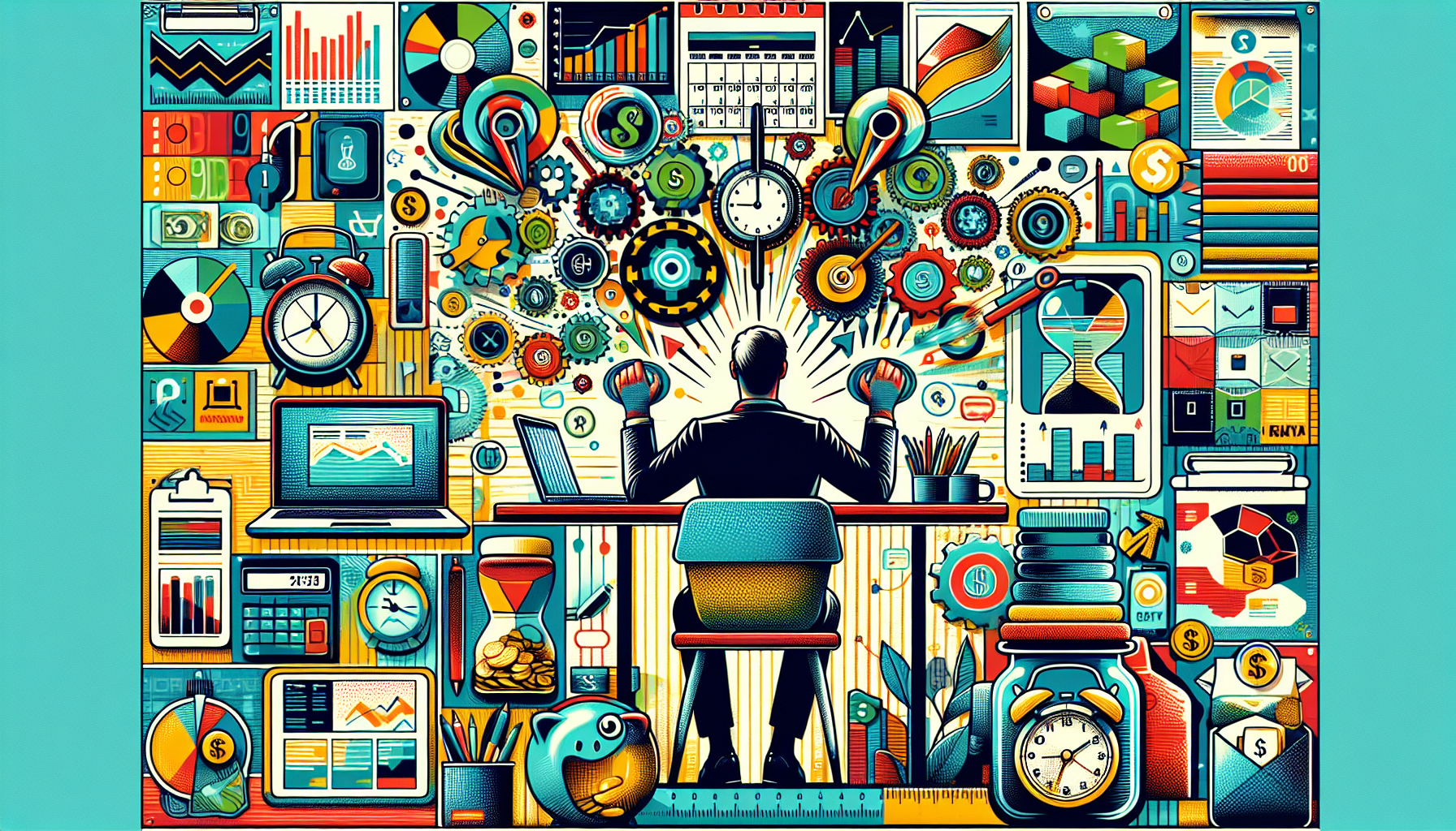 Create an image of a busy, multitasking individual at a desk filled with various gadgets, planners, and notebooks, representing different side hustles. Surround the desk with icons of productivity tools like a calendar, clock, and budgeting apps. In the background, include subtle visuals of money-saving jars and investment charts to signify financial tips and maximizing earnings. Title the image “Maximize Your Earnings: Balancing and Excelling in Multiple Side Hustles”.
